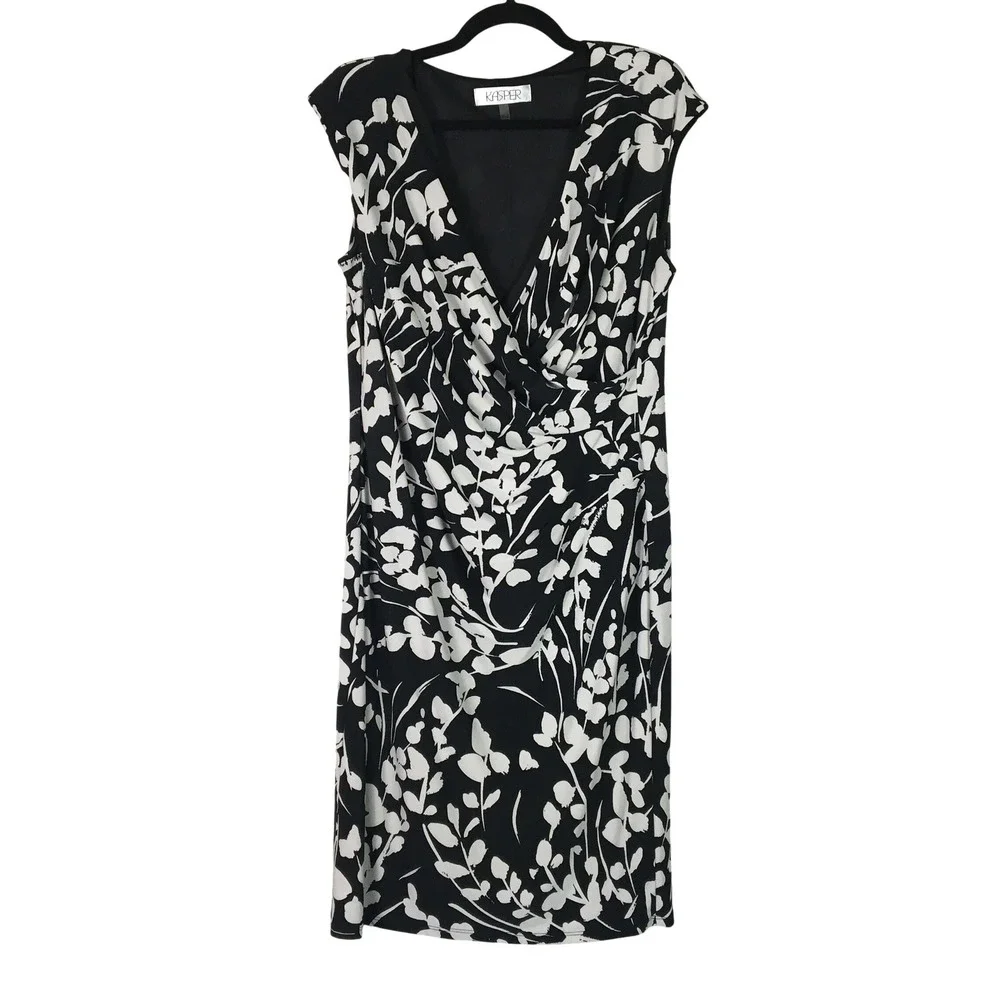 Kasper Floral Print Ruched V-Neck Sheath Dress Size L Black  Pale‎ Gray